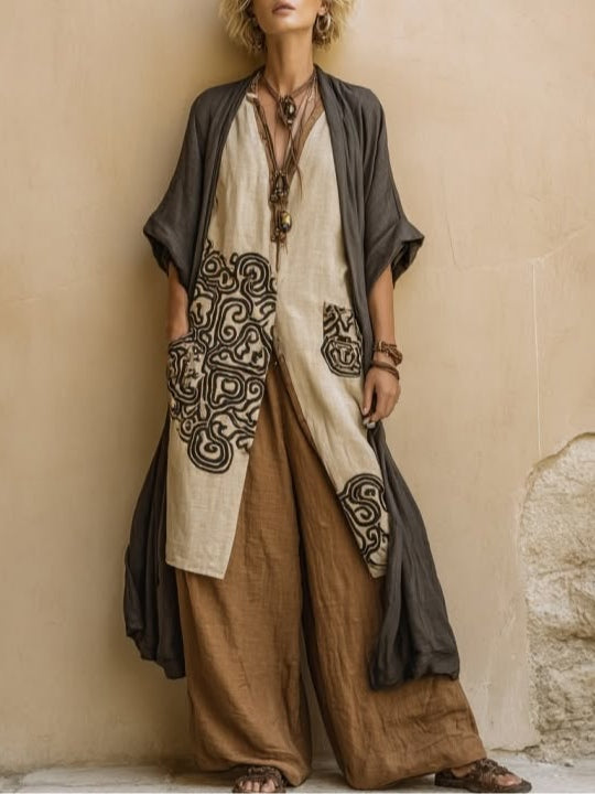 Set di Tre Pezzi con Motivo Tribale Bohemien Nomade Grigio Scuro e Marrone