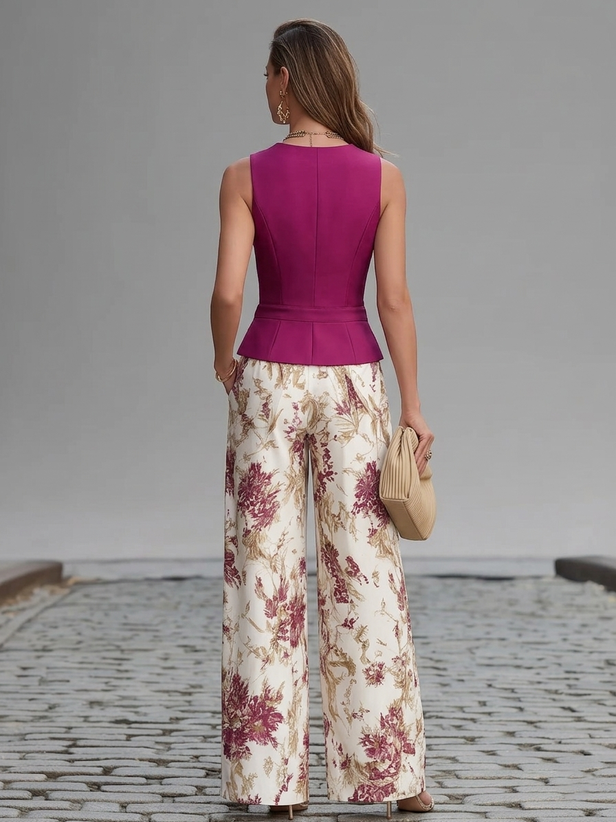 Set senza maniche rosa e pantaloni larghi stampati floreali