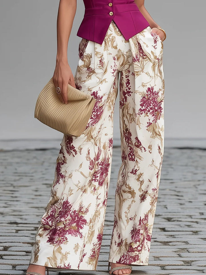 Set senza maniche rosa e pantaloni larghi stampati floreali
