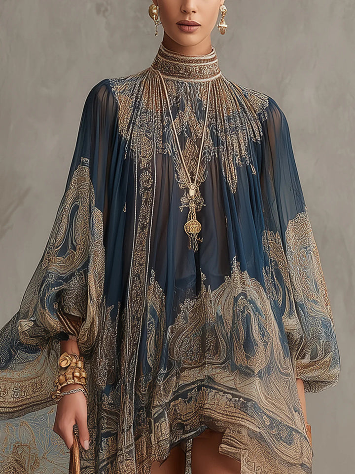 Abito Mini Irregolare in Chiffon con Stampa Barocca Blu Navy e Collo Alto