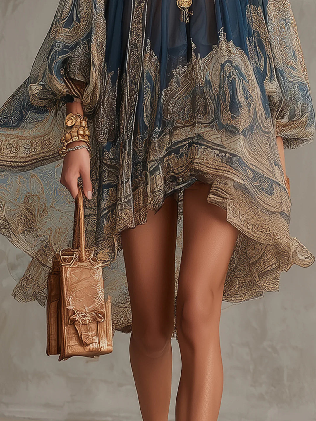 Abito Mini Irregolare in Chiffon con Stampa Barocca Blu Navy e Collo Alto
