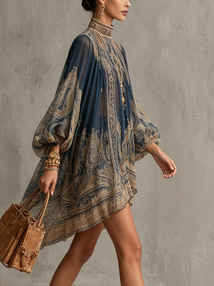 Abito Mini Irregolare in Chiffon con Stampa Barocca Blu Navy e Collo Alto