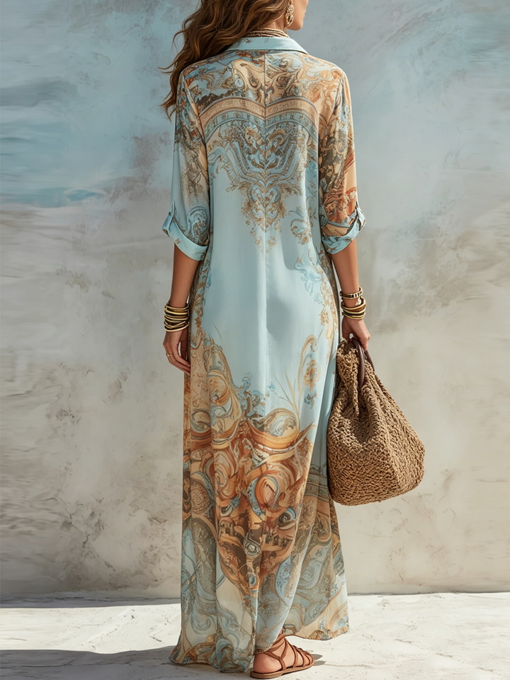 Vestito Maxi con Stampa Floreale Blu da Vacanza