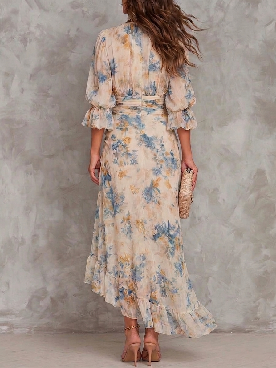 Abito Maxi in Chiffon Irregolare con Stampa Floreale a Olio Collo Alto Beige