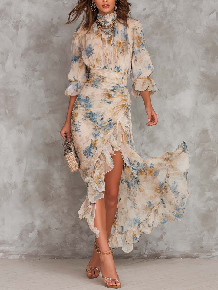 Abito Maxi in Chiffon Irregolare con Stampa Floreale a Olio Collo Alto Beige