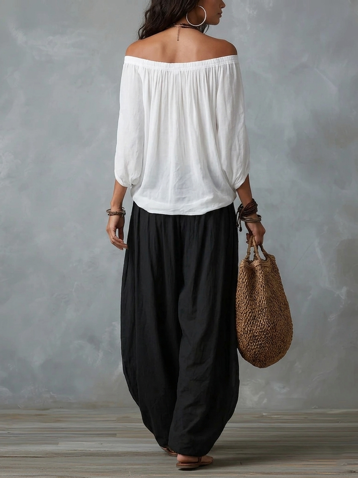 Top Bianco Off-shoulder e Set di Pantaloni Lantern Svasati