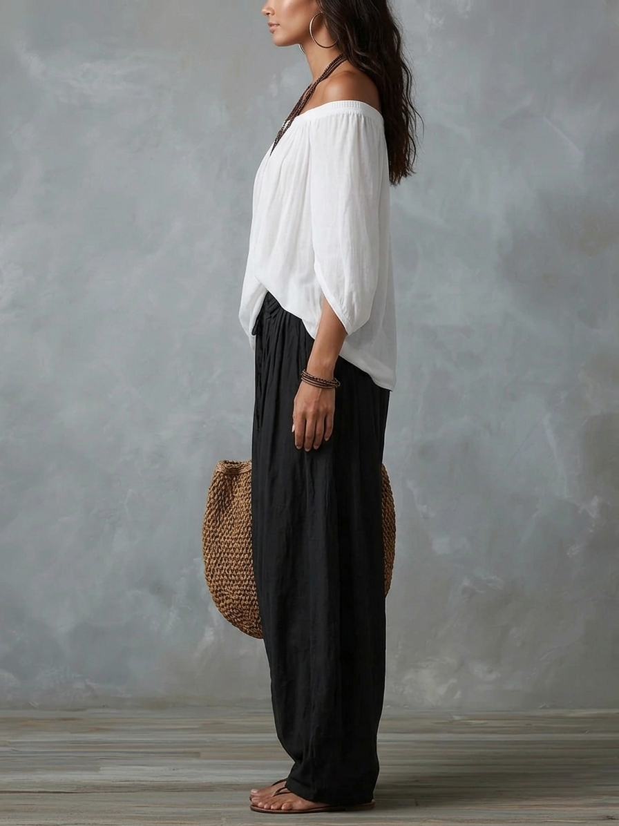 Top Bianco Off-shoulder e Set di Pantaloni Lantern Svasati