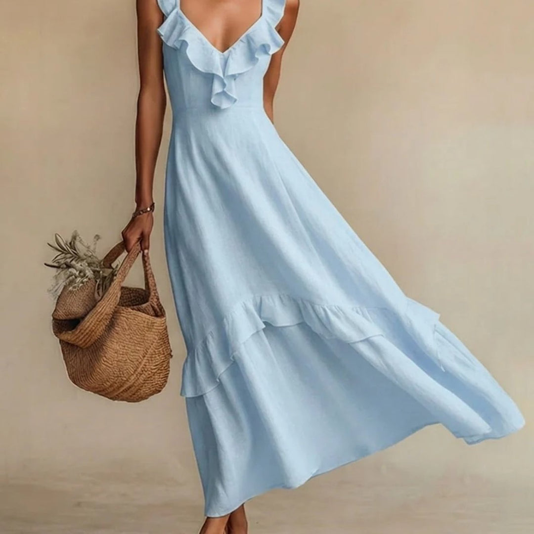 Abito Maxi con Righe a Volant in 4 Colori per Donne, Vestito Casual Senza Maniche a V per l'Estate, Giallo/Beige/Verde/Bianco