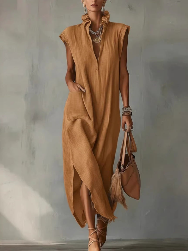 Abito Maxi in Lino per Donna, Collo Volante Senza Maniche con Tasche e Fessura Laterale, Vestibilità Larga, Stile Estivo Casual per Spiaggia, Vacanze, Uso Quotidiano