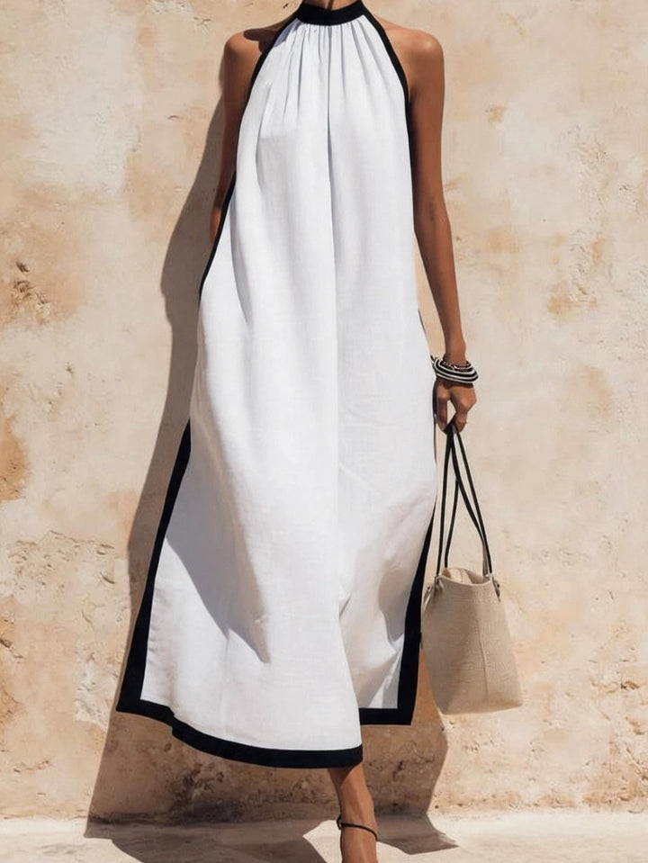 Abito Maxi da Donna con Scollo a Halter, Senza Maniche con Rifiniture a Contrasto e Tasche Laterali, Stile Casual Estivo