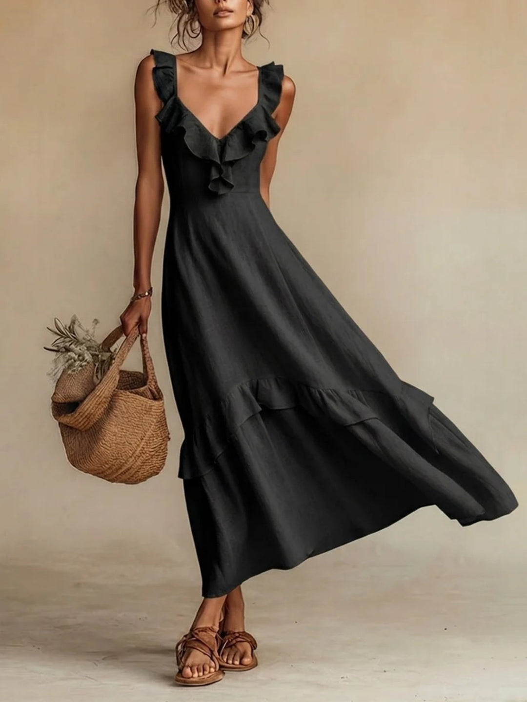 Abito Maxi con Righe a Volant in 4 Colori per Donne, Vestito Casual Senza Maniche a V per l'Estate, Giallo/Beige/Verde/Bianco