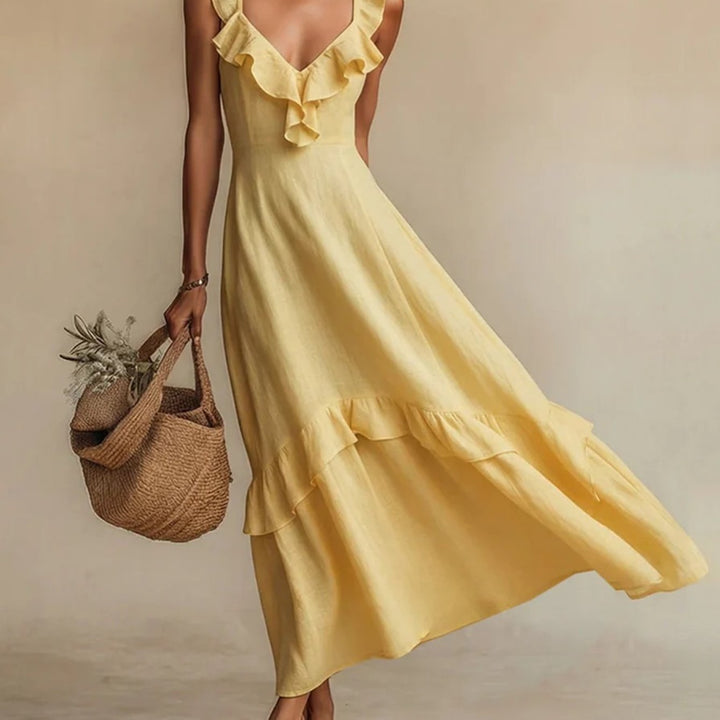 Abito Maxi con Righe a Volant in 4 Colori per Donne, Vestito Casual Senza Maniche a V per l'Estate, Giallo/Beige/Verde/Bianco