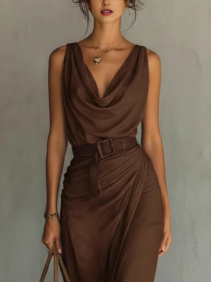 Abito Maxi Elegante Estivo con Collo a Cowl Senza Maniche e Cintura, Vita Arricciata e Orlo Drappeggiato per Feste Formali da Donna 2026