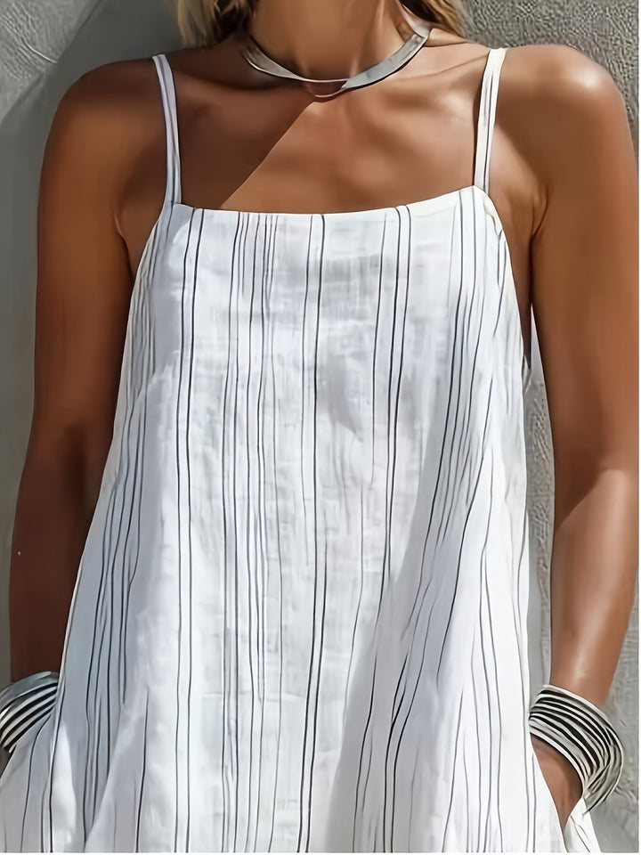 Abito Maxi in Lino a Righe da Donna - Senza Maniche con Scollo Quadrato - Abito a Linea con Tasche | Collo/Camelien Adatto per Vacanze al Mare, Abbigliamento da Resort | Abito Estivo Lungo e Fluttuante per Viaggi, Outfit Giornalieri | Abito Lavabile in La
