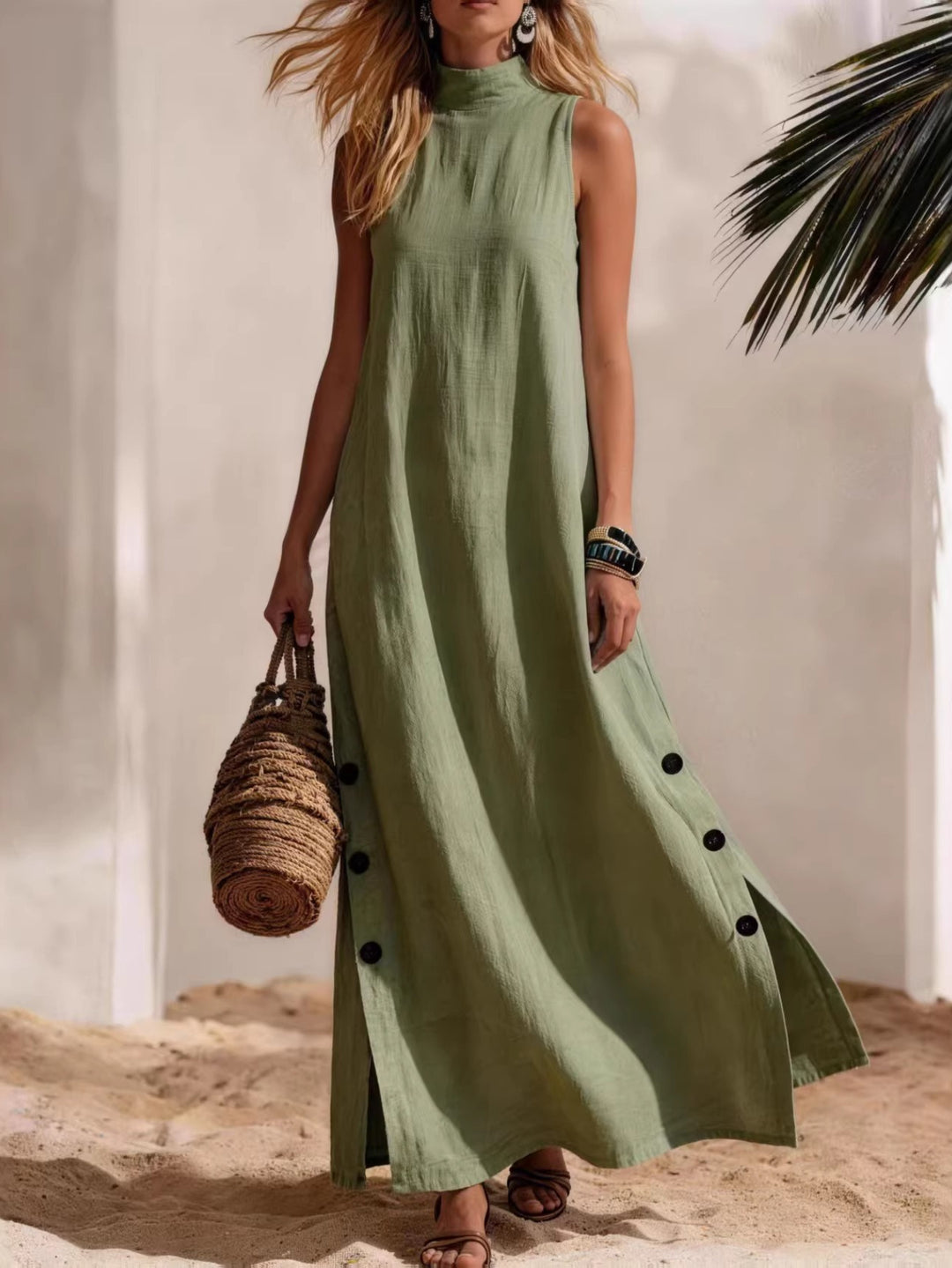 Donna - Abito Maxi Senza Maniche, Collo Alto con Fessura Laterale e Dettaglio Bottoni, Stile Casual da Spiaggia