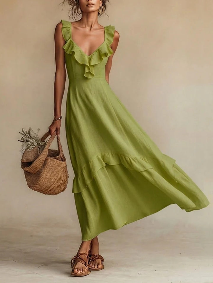Abito Maxi con Righe a Volant in 4 Colori per Donne, Vestito Casual Senza Maniche a V per l'Estate, Giallo/Beige/Verde/Bianco