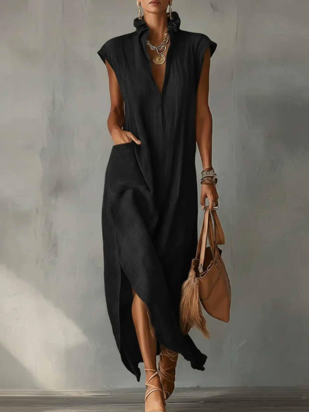 Abito Maxi in Lino per Donna, Collo Volante Senza Maniche con Tasche e Fessura Laterale, Vestibilità Larga, Stile Estivo Casual per Spiaggia, Vacanze, Uso Quotidiano