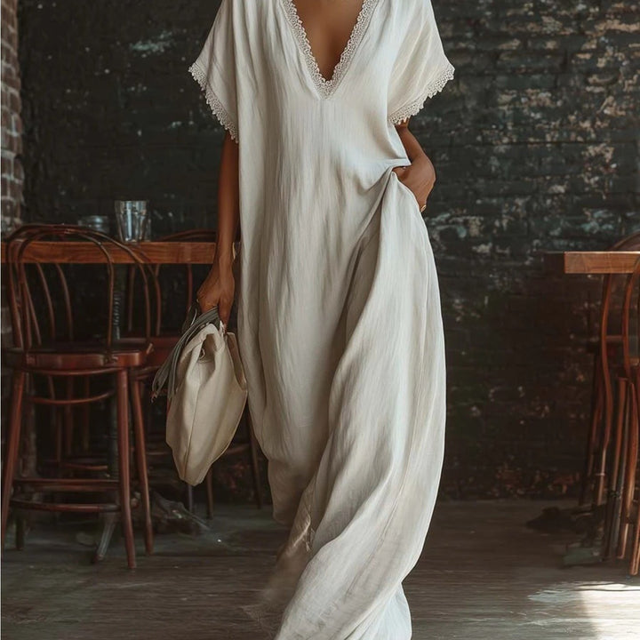 Abito Maxi Lino Bianco con Scollo a V e Bordo in Pizzo, Estivo, Nuovo, Slim Fit, Maniche Corte, Casual, Versatile, per Vacanze