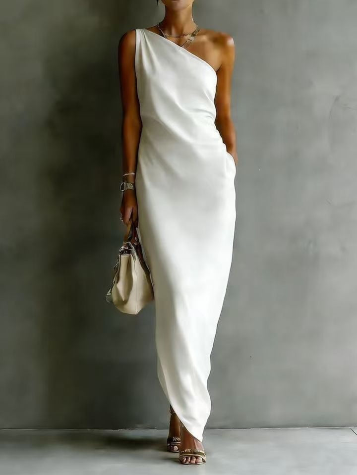 Abito Maxi Senza Maniche a Spalla Unica per Donna, Orlo Asimmetrico Arricciato con Tasca Laterale, Stile Elegante per Feste, Disponibile in 6 Colori