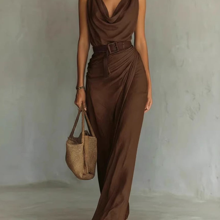 Abito Maxi Elegante Estivo con Collo a Cowl Senza Maniche e Cintura, Vita Arricciata e Orlo Drappeggiato per Feste Formali da Donna 2026