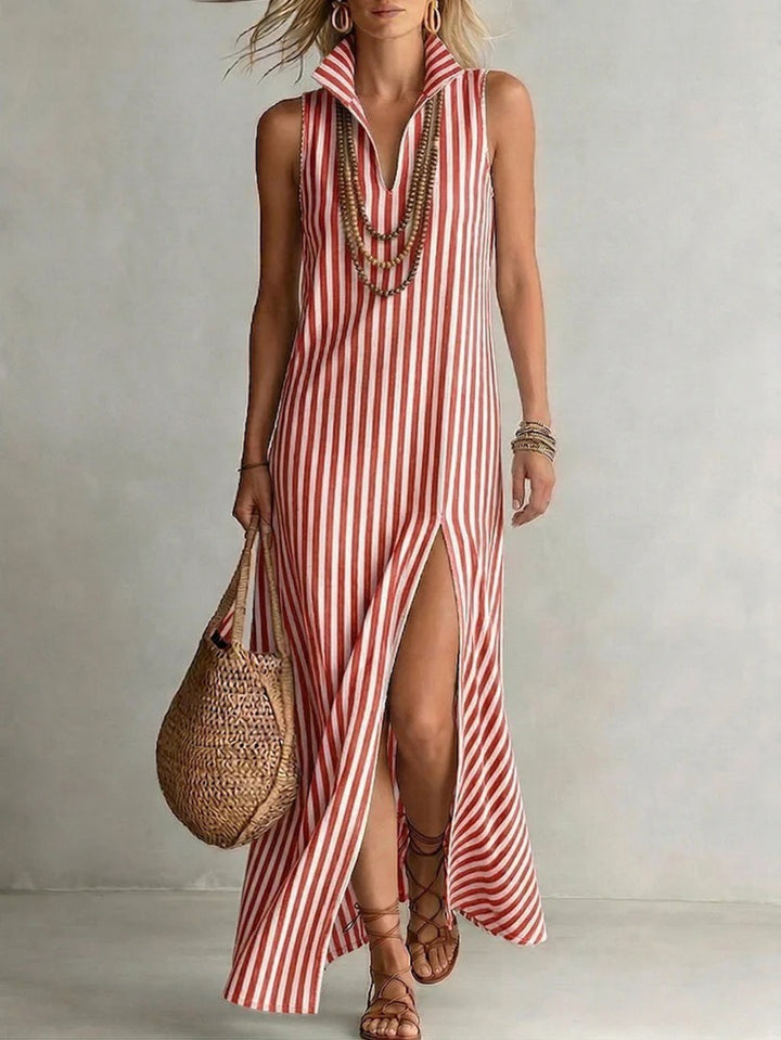 Abito Maxi Senza Maniche a Righe per Donna, Collo Alto a V con Fessura Anteriore, Abbigliamento da Spiaggia Casual