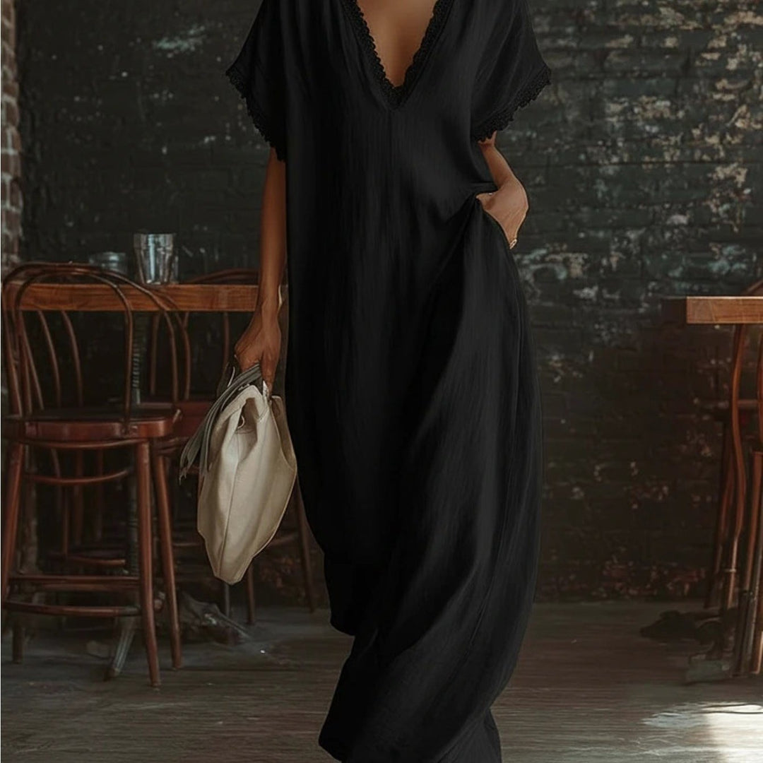 Abito Maxi Lino Bianco con Scollo a V e Bordo in Pizzo, Estivo, Nuovo, Slim Fit, Maniche Corte, Casual, Versatile, per Vacanze