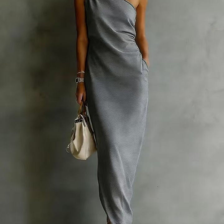 Abito Maxi Senza Maniche a Spalla Unica per Donna, Orlo Asimmetrico Arricciato con Tasca Laterale, Stile Elegante per Feste, Disponibile in 6 Colori