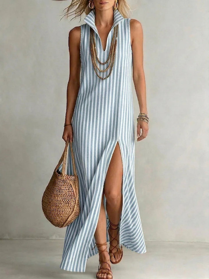 Abito Maxi Senza Maniche a Righe per Donna, Collo Alto a V con Fessura Anteriore, Abbigliamento Estivo Casual