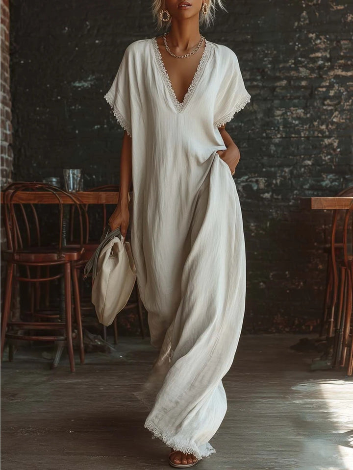 Abito Maxi Lino Bianco con Scollo a V e Bordo in Pizzo, Estivo, Nuovo, Slim Fit, Maniche Corte, Casual, Versatile, per Vacanze
