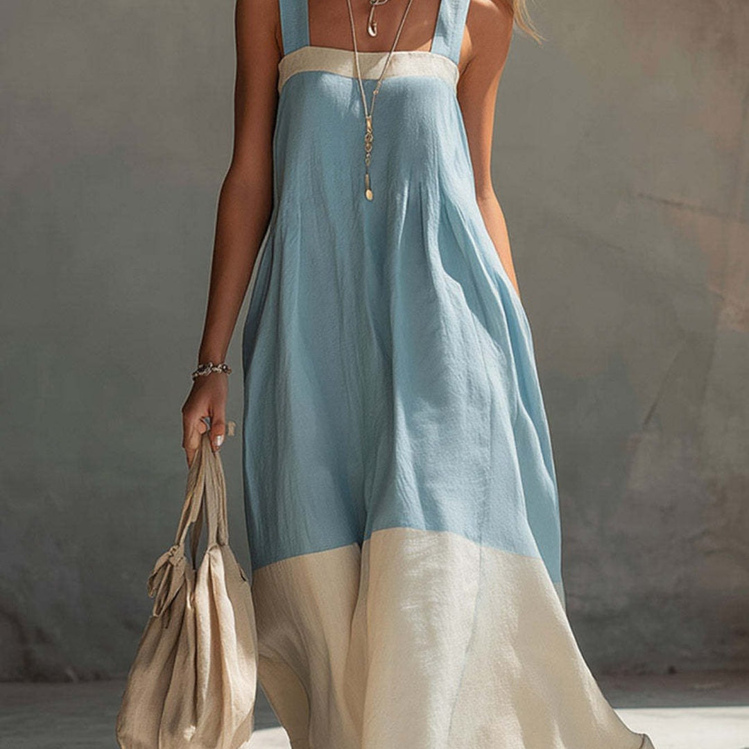 Abito Maxi Color Block da Donna, Scollo Quadrato con Spalline e Tasche, Stile Estivo Casual da Spiaggia