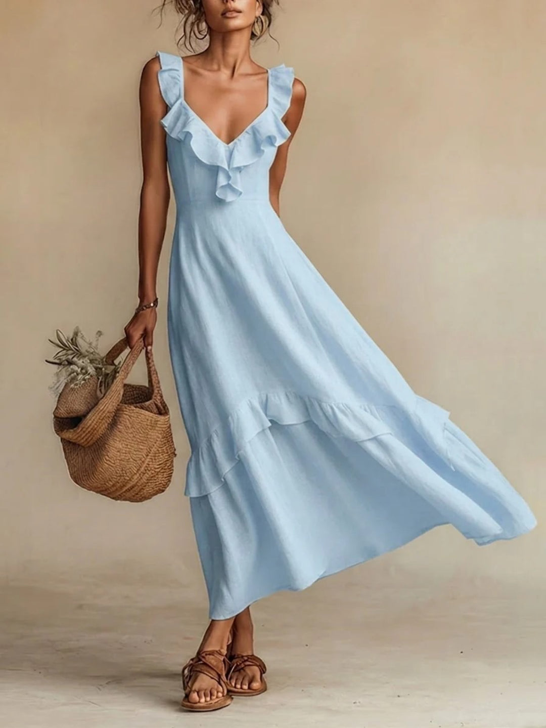 Abito Maxi con Righe a Volant in 4 Colori per Donne, Vestito Casual Senza Maniche a V per l'Estate, Giallo/Beige/Verde/Bianco