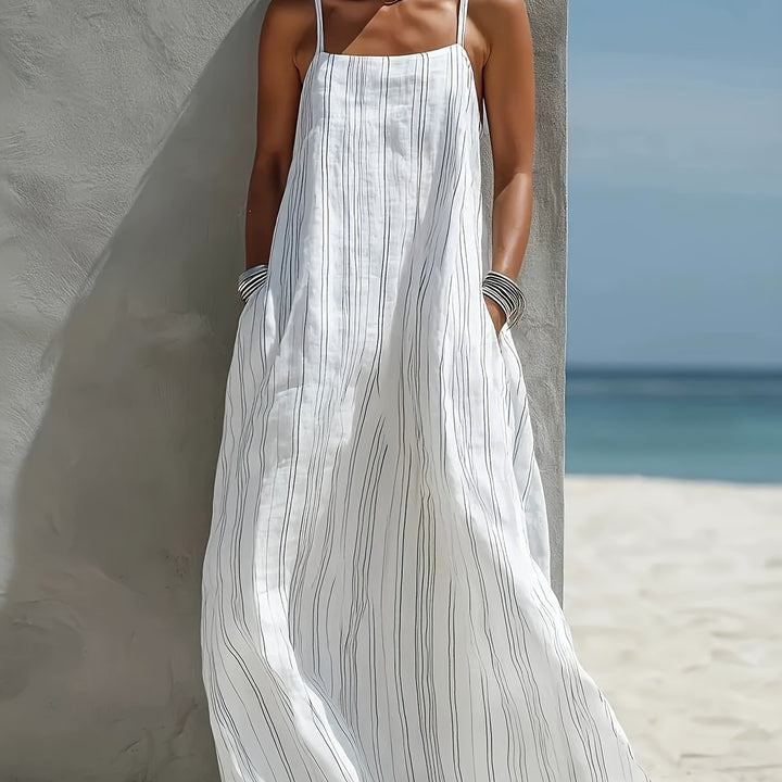 Abito Maxi in Lino a Righe da Donna - Senza Maniche con Scollo Quadrato - Abito a Linea con Tasche | Collo/Camelien Adatto per Vacanze al Mare, Abbigliamento da Resort | Abito Estivo Lungo e Fluttuante per Viaggi, Outfit Giornalieri | Abito Lavabile in La