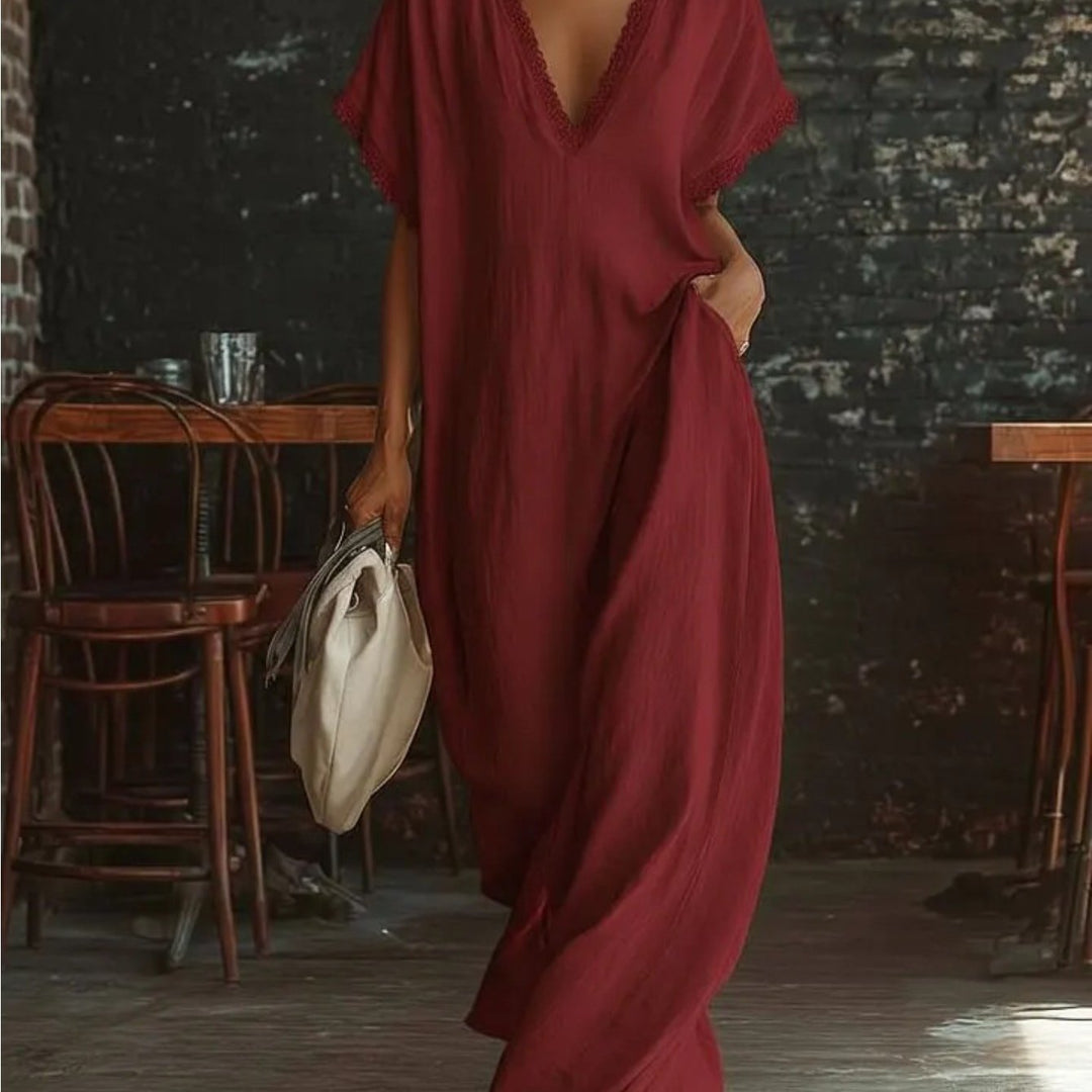 Abito Maxi Lino Bianco con Scollo a V e Bordo in Pizzo, Estivo, Nuovo, Slim Fit, Maniche Corte, Casual, Versatile, per Vacanze