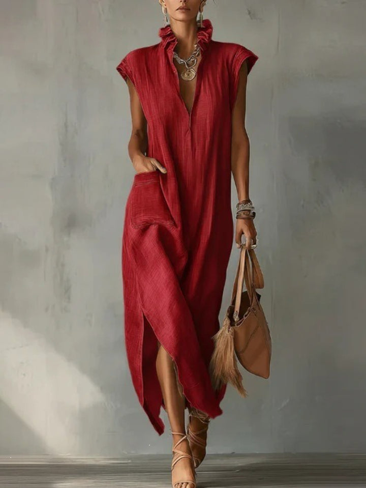 Abito Maxi in Lino per Donna, Collo Volante Senza Maniche con Tasche e Fessura Laterale, Vestibilità Larga, Stile Estivo Casual per Spiaggia, Vacanze, Uso Quotidiano