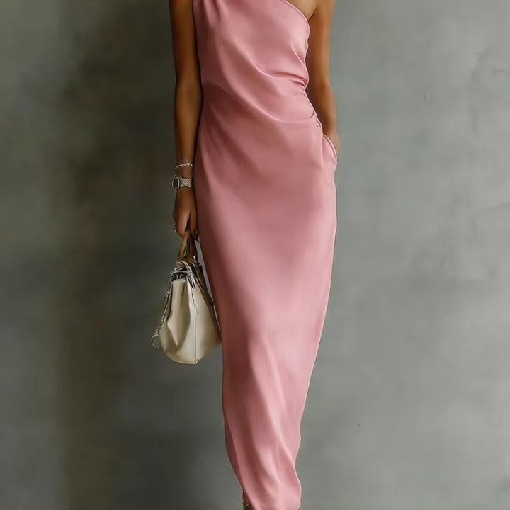 Abito Maxi Senza Maniche a Spalla Unica per Donna, Orlo Asimmetrico Arricciato con Tasca Laterale, Stile Elegante per Feste, Disponibile in 6 Colori