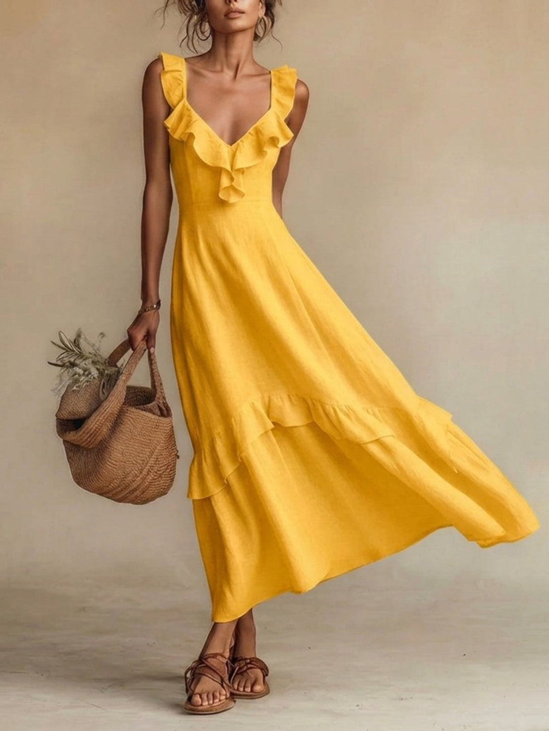 Abito Maxi Ruffle con Scollatura a V per Donna, Design con Orlo a Strati Senza Maniche, Stile Casual Elegante, Molti Colori per Estate, Spiaggia, Vacanze, Uso Quotidiano