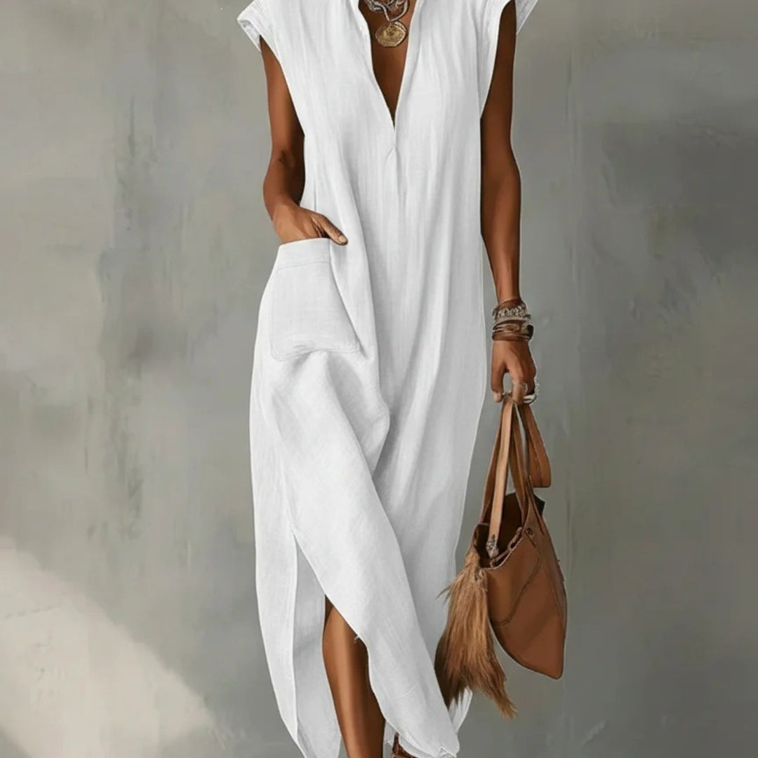 Abito Maxi in Lino per Donna, Collo Volante Senza Maniche con Tasche e Fessura Laterale, Vestibilità Larga, Stile Estivo Casual per Spiaggia, Vacanze, Uso Quotidiano
