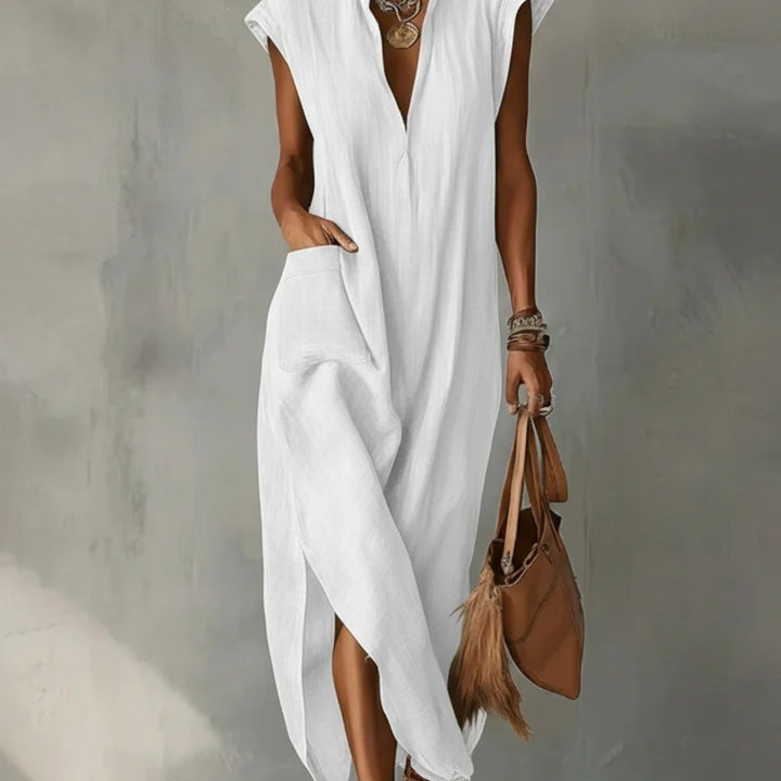 Abito Maxi in Lino per Donna, Collo Volante Senza Maniche con Tasche e Fessura Laterale, Vestibilità Larga, Stile Estivo Casual per Spiaggia, Vacanze, Uso Quotidiano