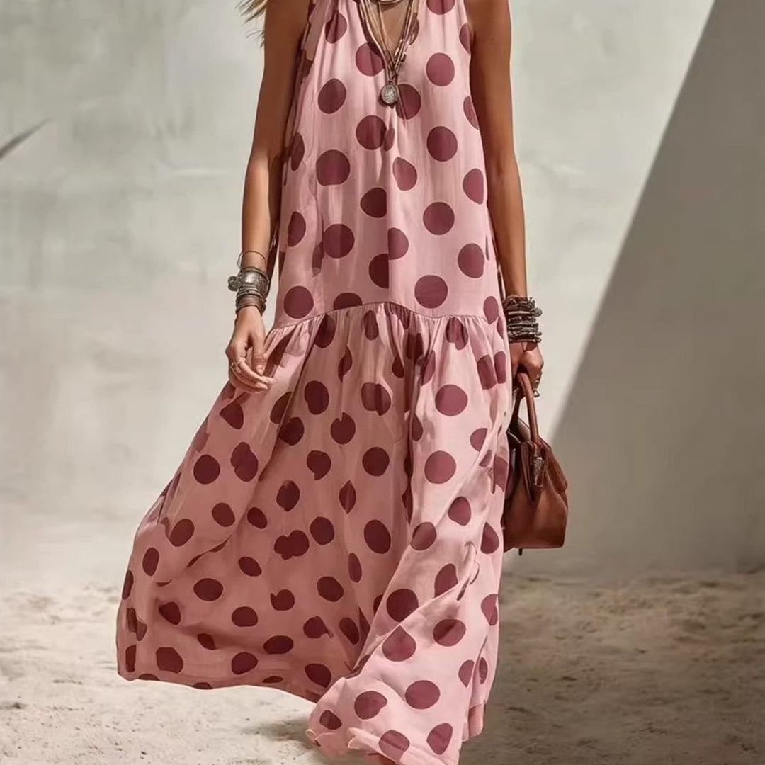 Abito Maxi a Pois con Scollo Halter per Donna, Senza Maniche, Stile Boho da Spiaggia