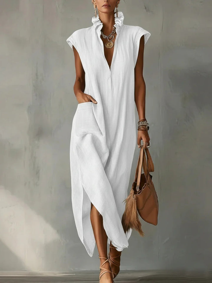 Abito Maxi in Lino per Donna, Collo Volante Senza Maniche con Tasche e Fessura Laterale, Vestibilità Larga, Stile Estivo Casual per Spiaggia, Vacanze, Uso Quotidiano