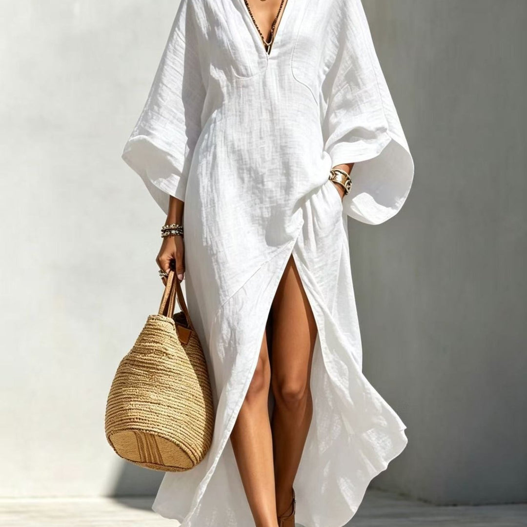 Abito Maxi con Maniche a Kimono - V-Neck con Fessura Frontale e Tasche Laterali, Stile Casual da Spiaggia
