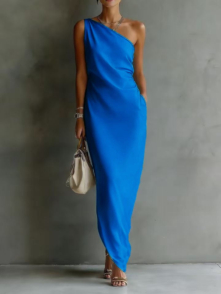 Abito Maxi Senza Maniche a Spalla Unica per Donna, Orlo Asimmetrico Arricciato con Tasca Laterale, Stile Elegante per Feste, Disponibile in 6 Colori
