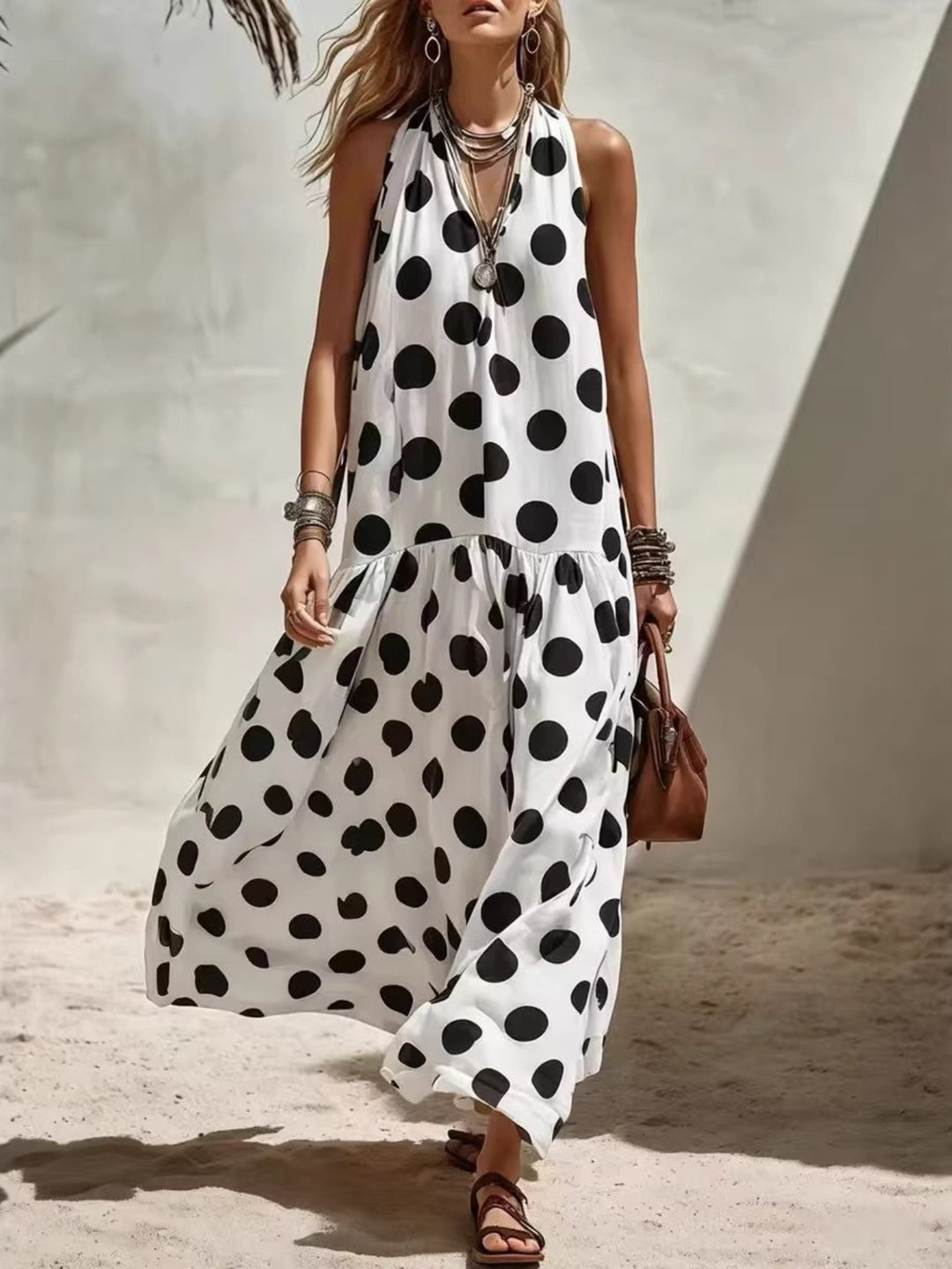 Abito Maxi a Pois con Scollo Halter per Donna, Senza Maniche, Stile Boho da Spiaggia