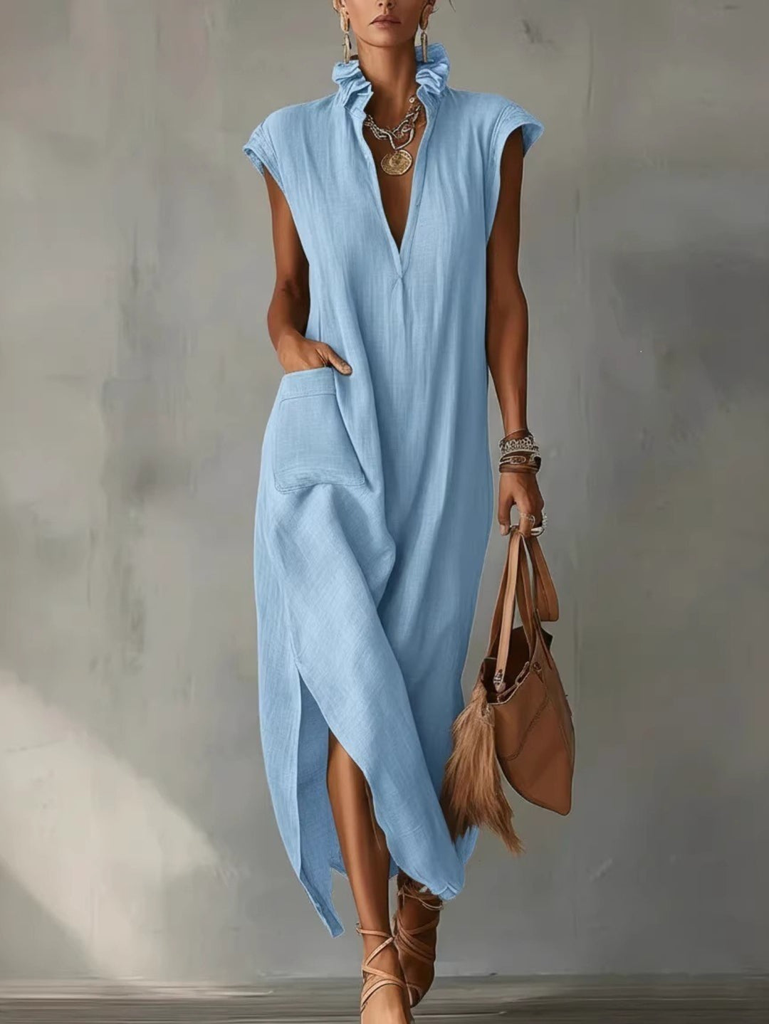 Abito Maxi in Lino per Donna, Collo Volante Senza Maniche con Tasche e Fessura Laterale, Vestibilità Larga, Stile Estivo Casual per Spiaggia, Vacanze, Uso Quotidiano