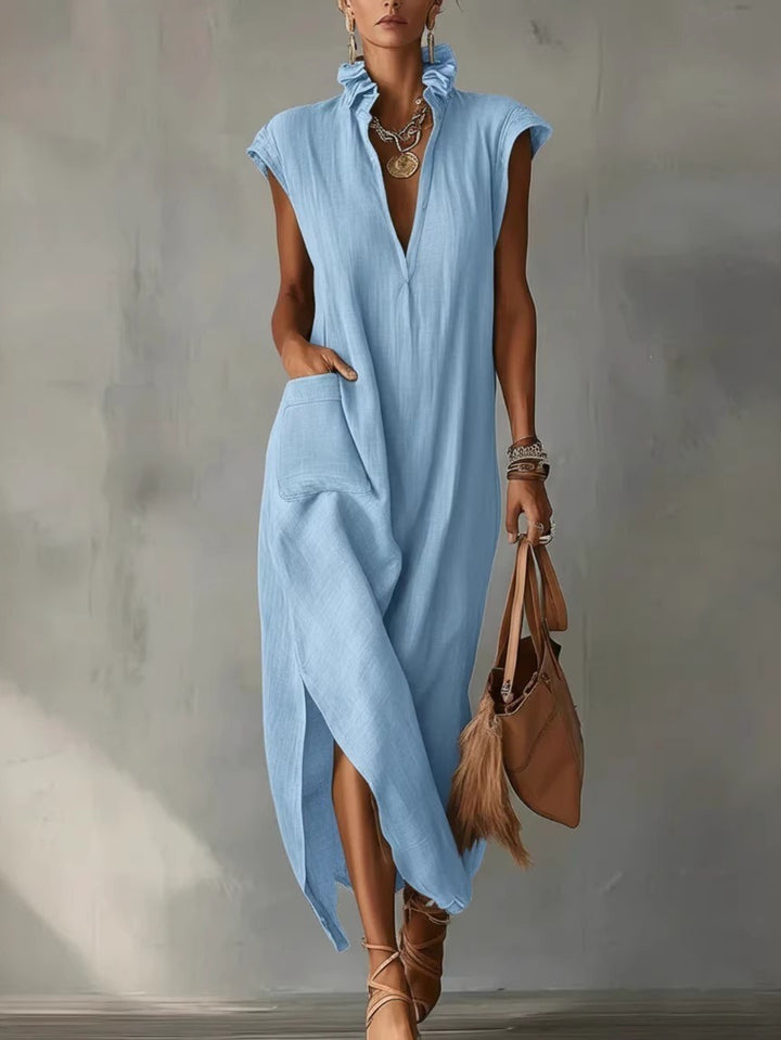 Abito Maxi in Lino per Donna, Collo Volante Senza Maniche con Tasche e Fessura Laterale, Vestibilità Larga, Stile Estivo Casual per Spiaggia, Vacanze, Uso Quotidiano