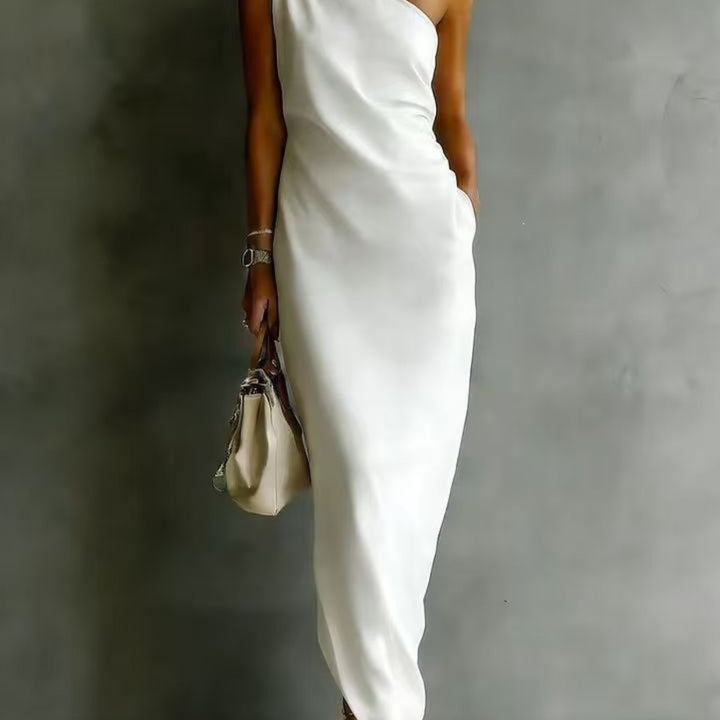 Abito Maxi Senza Maniche a Spalla Unica per Donna, Orlo Asimmetrico Arricciato con Tasca Laterale, Stile Elegante per Feste, Disponibile in 6 Colori