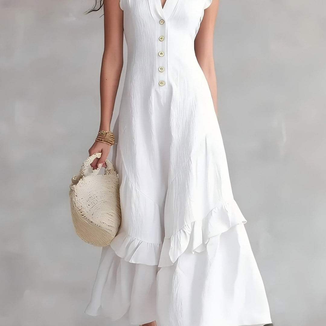 Elegante Abito Maxi Senza Maniche con Scollo a V e Orlo a Righe - Tessuto Bianco Lavabile Adatto per Pendolarismo e Abbigliamento Semi-Formale, Abito Monocromatico Lavabile in Lavatrice per Primavera Estate Autunno