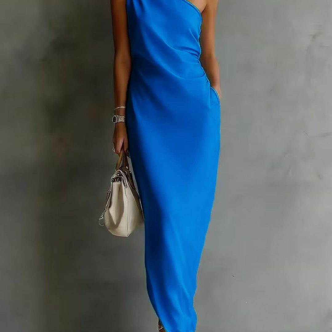 Abito Maxi Senza Maniche a Spalla Unica per Donna, Orlo Asimmetrico Arricciato con Tasca Laterale, Stile Elegante per Feste, Disponibile in 6 Colori