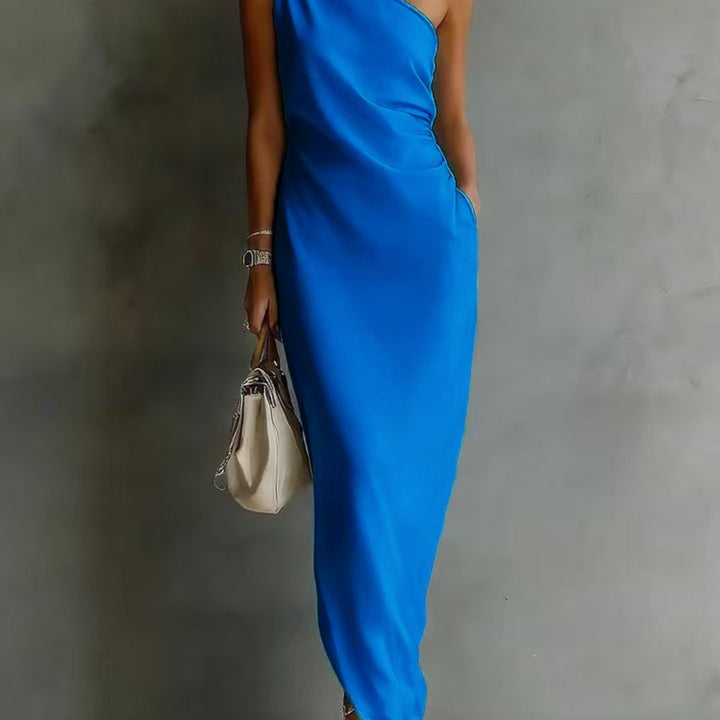 Abito Maxi Senza Maniche a Spalla Unica per Donna, Orlo Asimmetrico Arricciato con Tasca Laterale, Stile Elegante per Feste, Disponibile in 6 Colori