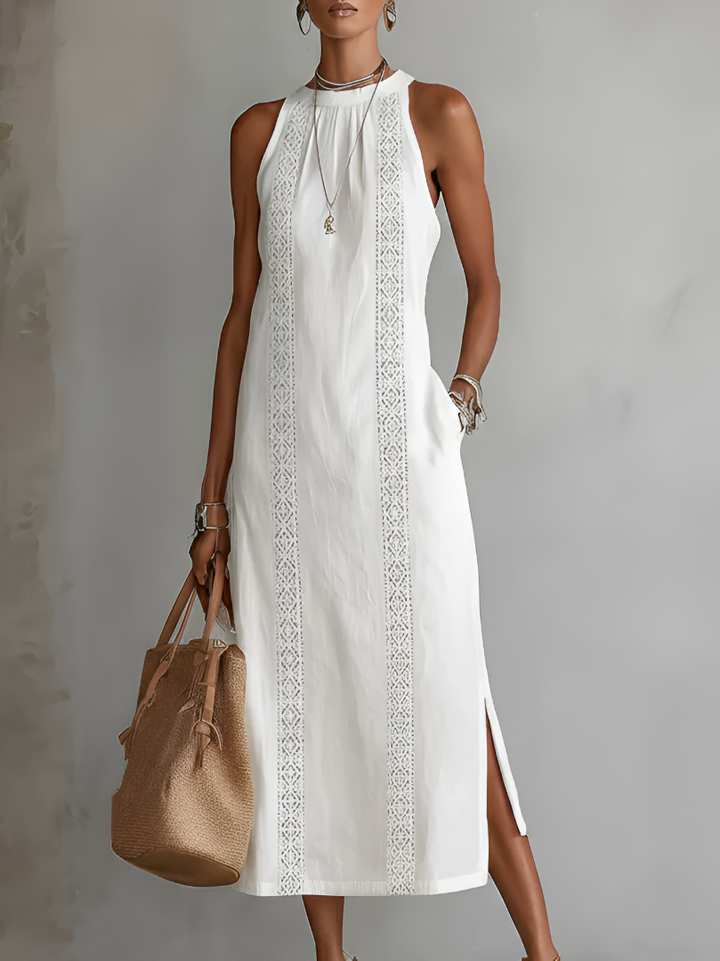 Jimena | Abito midi in lino con collo alla Mao